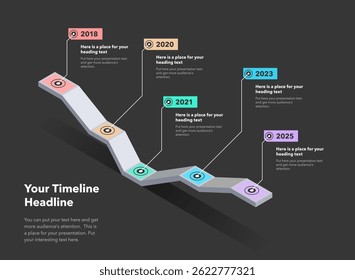 Isometric timeline infographic template with five steps - dark version. SImple chart design for workflow layout, diagram, banner, web design.