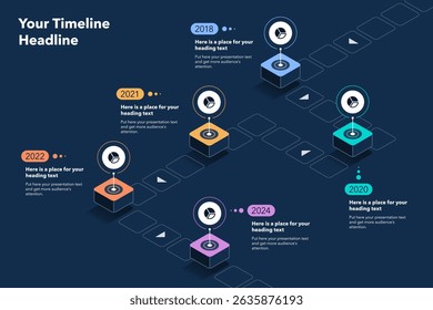 Template infographique à chronologie isométrique à cinq étapes - version sombre. Diagramme à plat pour la mise en page, la bannière ou le web design du workflow.