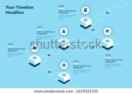 Isometric timeline infographic template with five stages - blue version. Flat diagram for workflow layout, banner or web design.