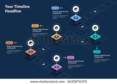 Isometric timeline infographic template with five stages - dark version. Flat diagram for workflow layout, banner or web design.