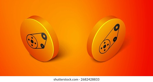 Isometric Timing belt kit icon isolated on orange background. Orange circle button. Vector