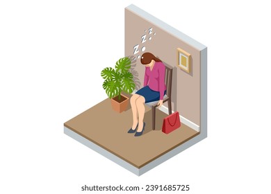 Isometric tired business woman fell asleep on a chair. Employment and recruitment process