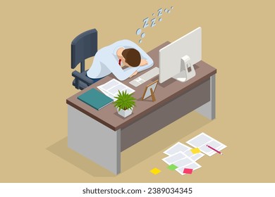 isometric tired overworked employee sleeping in the office. Tiredness and exhaustion concept. Tired businessman sleeping on his desk in front of laptop