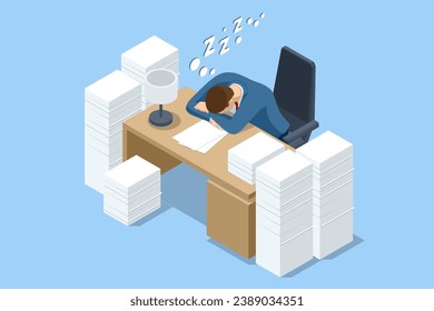 isometric tired overworked employee sleeping in the office. Tiredness and exhaustion concept. Tired male employee sleeping on the work desk with a pile of papers.