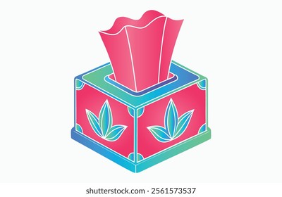 Isometric tissue box, vibrant pink tissues, teal cube base.