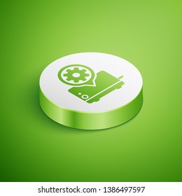 Isometric Toaster and gear icon isolated on green background. Adjusting app, service concept, setting options, maintenance, repair, fixing. White circle button. Vector Illustration