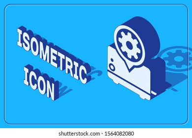 Isometric Toaster and gear icon isolated on blue background. Adjusting app, service concept, setting options, maintenance, repair, fixing.  Vector Illustration