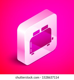 Isometric Toaster with toasts icon isolated on pink background. Silver square button. Vector Illustration