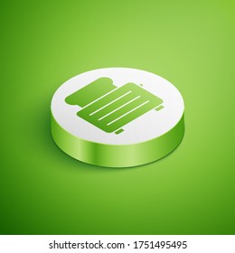 Tostadora isométrica con icono de tostadas aislado en el fondo verde. Botón Círculo blanco. Ilustración vectorial