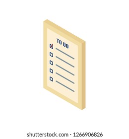 Isometric To-Do List vector illustration. Light yellow check list isolated on white background.