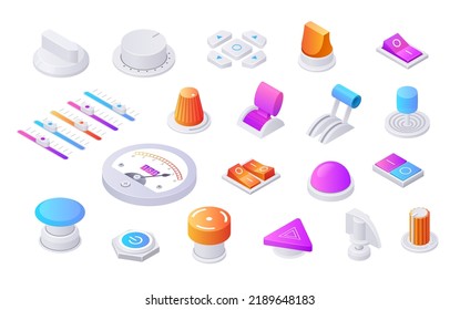 Isometric toggles. 3D switches, knobs, volume levels, sliders and switches for analog adjustment, control panel elements collection. Vector set of switch power 3d illustration