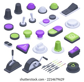 Isometric toggles, control panel buttons, sliders and switches. Dashboard panel 3d regulators, spaceship or aircraft controllers vector illustration set. Switch toggles collection