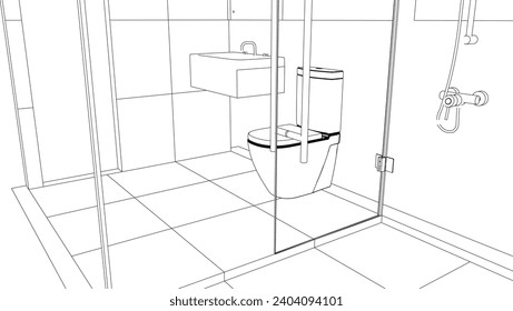 isometrische Toilette und Badezimmerdesign-Linie, 3D-Vektorgrafik