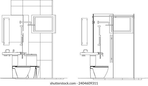 isometric toilet and bathroom design line drawing 3d illustration vector