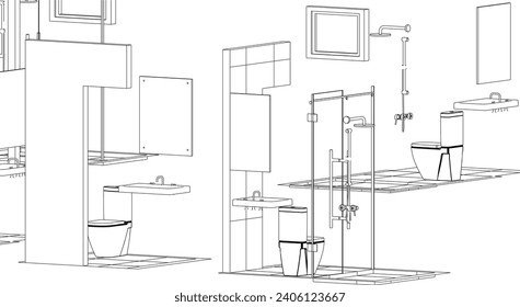 isometric toilet and bathroom design line drawing 3d illustration vector