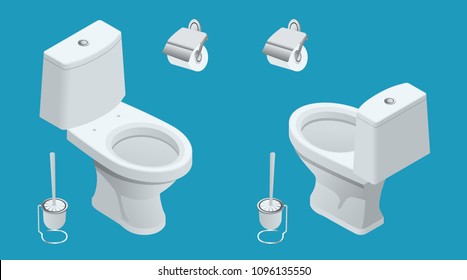 Isometric Toilet equipment collection for interior design. Set of different toilet sinks types. Vector illustration