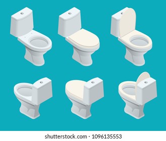 Isometric Toilet equipment collection for interior design. Set of different toilet sinks types. Vector illustration