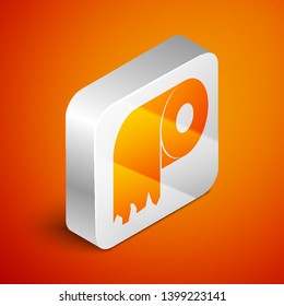 Isometric Toilet paper roll icon isolated on orange background. Silver square button. Vector Illustration