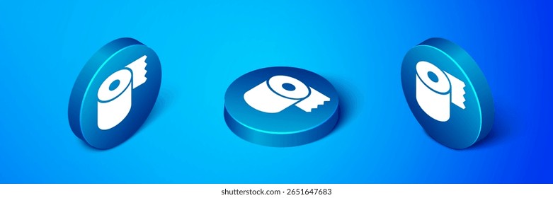 Ícone de rolo de papel higiênico isométrico isolado no fundo azul. Botão de círculo azul. Vetor
