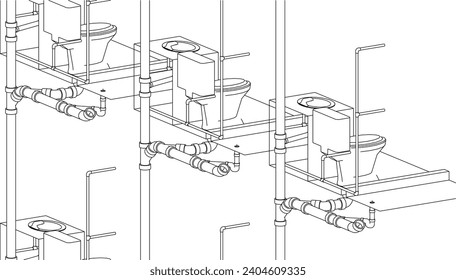 isometric toilet plumbing pipeline design line drawing 3d illustration vector