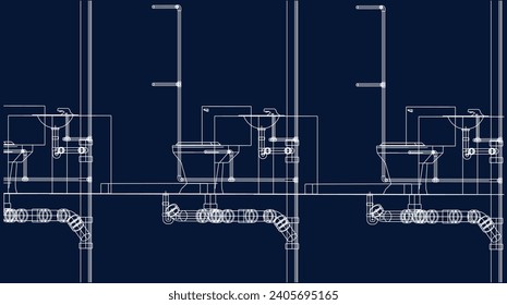 isometric toilet plumbing system wireframe line drawing 3d vector illustration