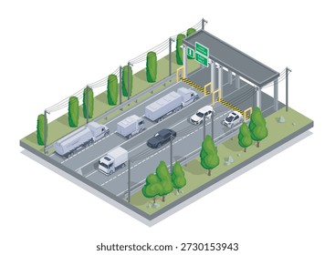 Isometric toll road checkpoint. Trucks and sedans drive through tunnel. Traffic control and road safety. Urban infrastructure. Highway and autobahn. Volumetric vector illustration