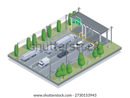 Isometric toll road checkpoint. Trucks and sedans drive through tunnel. Traffic control and road safety. Urban infrastructure. Highway and autobahn. Volumetric vector illustration