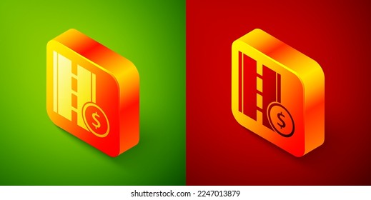 Isometric Toll road traffic sign. Signpost icon isolated on green and red background. Pointer symbol. Street information sign. Direction sign. Square button. Vector Illustration