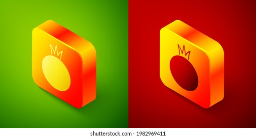 Isometric Tomato icon isolated on green and red background. Square button. Vector