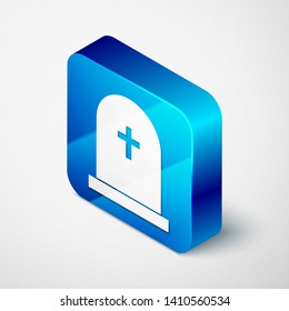 Isometric Tombstone with cross icon isolated on white background. Grave icon. Blue square button. Vector Illustration