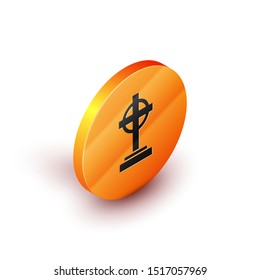 Isometric Tombstone with cross icon isolated on white background. Grave icon. Orange circle button. Vector Illustration