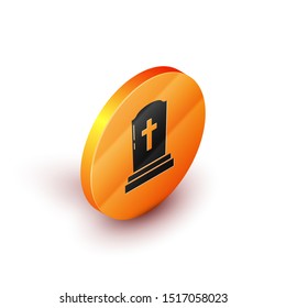 Isometric Tombstone with cross icon isolated on white background. Grave icon. Orange circle button. Vector Illustration