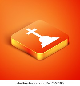 Isometric Tombstone with cross icon isolated on orange background. Grave icon.  Vector Illustration