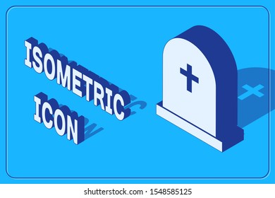 Isometric Tombstone with cross icon isolated on blue background. Grave icon.  Vector Illustration