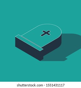 Isometric Tombstone with cross icon isolated on green background. Grave icon.  Vector Illustration