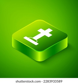 Isometric Tombstone with cross icon isolated on green background. Grave icon. Happy Halloween party. Green square button. Vector