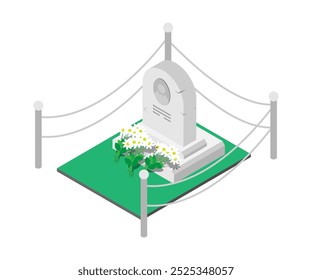 Isometrisches Grabsteindenkmal einer berühmten Person mit Blumensträußen, die von Fans und Bewunderern gelegt wurden. 3D-Vektor einzeln auf weißem Hintergrund