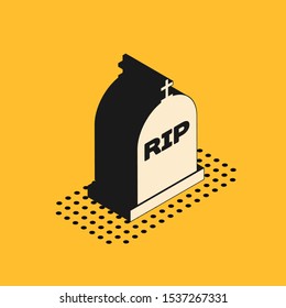 Isometric Tombstone with RIP written on it icon isolated on yellow background. Grave icon.  Vector Illustration