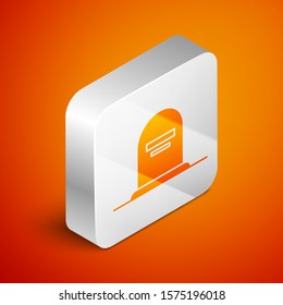 Isometric Tombstone with RIP written on it icon isolated on orange background. Grave icon. Silver square button. Vector Illustration
