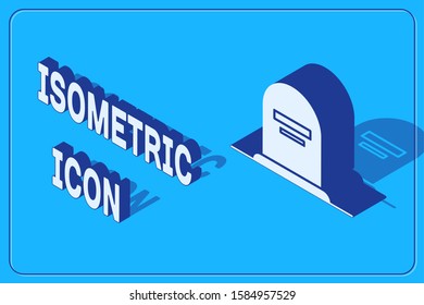 Isometric Tombstone with RIP written on it icon isolated on blue background. Grave icon.  Vector Illustration