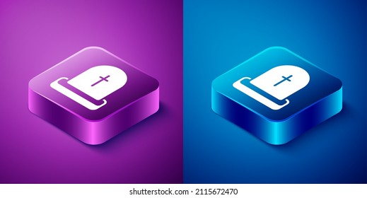 Isometric Tombstone con RIP escrito en su icono aislado en fondo azul y púrpura. Icono de gravedad. Feliz fiesta de Halloween. Botón cuadrado. Vector