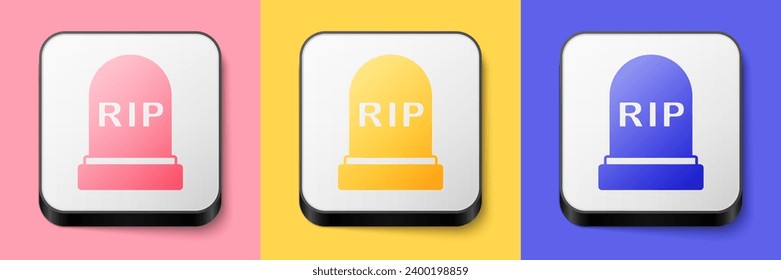 Isometric Tombstone with RIP written on it icon isolated on pink, yellow and blue background. Grave icon. Happy Halloween party. Square button. Vector