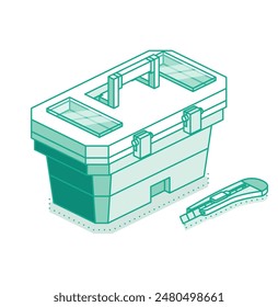 Isometric tool box isolated on white background. Vector illustration. Stationery utility knife with sharp blade.