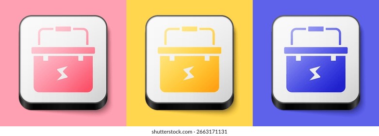 Isometric Toolbox electrician icon isolated on pink, yellow and blue background. Square button. Vector