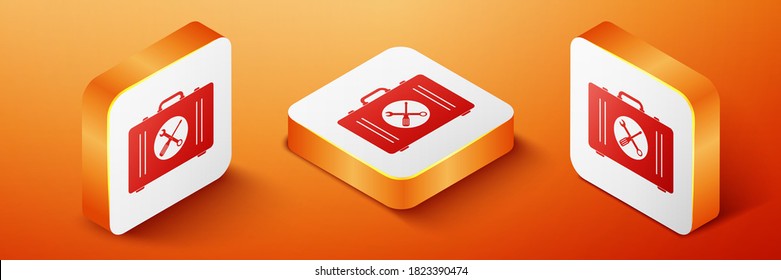 Isometric Toolbox icono aislado en el fondo naranja. Signo del cuadro de herramientas. Botón cuadrado naranja. Vector.