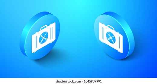 Isometric Toolbox icon isolated on blue background. Tool box sign. Blue circle button. Vector.