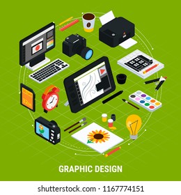 Isometric tools for graphic design with computer tablet paints camera printer on green background 3d vector illustration