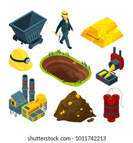 Isometric tools for mining industry. Mine industry coal and gold, equipment dynamite 3d isometric and trolley. Vector illustration