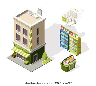 Isometric tools for supermarket. 3d illustrations of shopping basket. Supermarket store isometric, shop with food vector