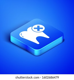 Isometric Tooth with caries icon isolated on blue background. Tooth decay. Blue square button. Vector Illustration